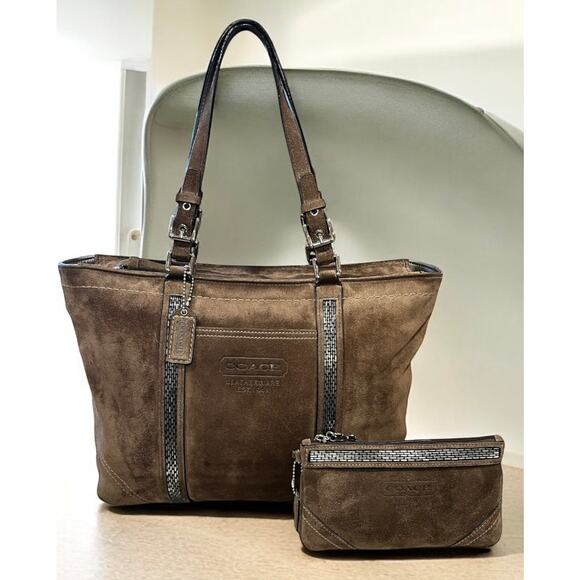 Coach Handbags - Vintage Coach 8B31 Suede Beaded Tote Bag & 6F36 Suede Beaded Wristlet